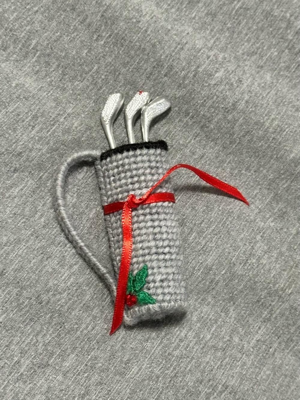 Handmade Gray Mini Golf Bag Ornament with Red Ribbon